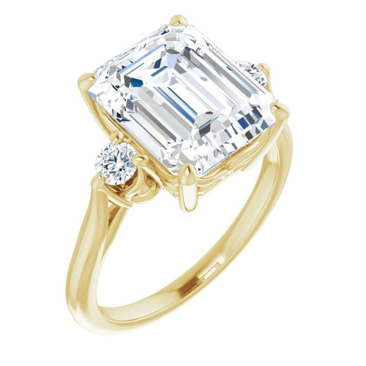 10K Yellow Gold Customizable Three-stone Emerald/Radiant Cut Design with Small Round Accents and Vintage Trellis/Basket