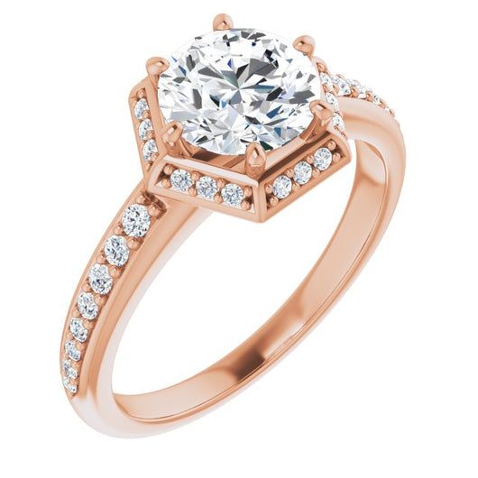 10K Rose Gold Customizable Round Cut Design with Geometric Under-Halo and Shared Prong Band