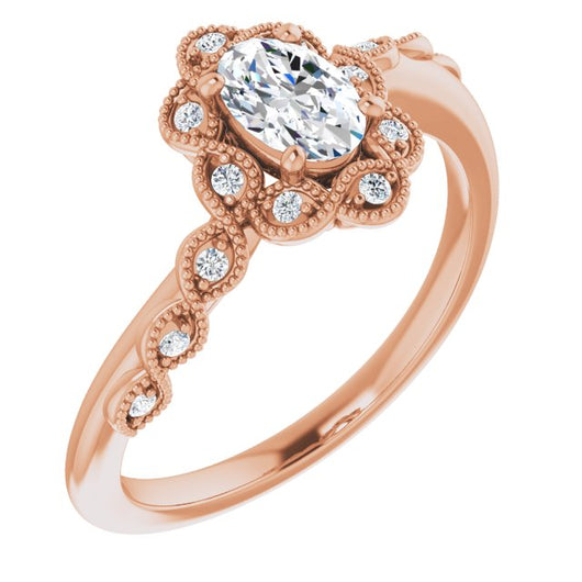 10K Rose Gold Customizable 3-stone Design with Oval Cut Center and Halo Enhancement