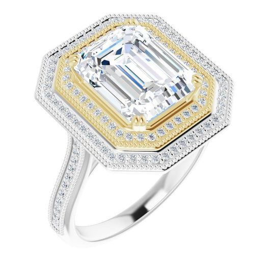 14K White & Yellow Gold Customizable Emerald/Radiant Cut Design with Elegant Double Halo, Houndstooth Milgrain and Band-Channel Accents