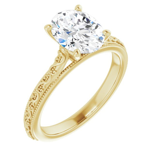 10K Yellow Gold Customizable Oval Cut Solitaire with Delicate Milgrain Filigree Band