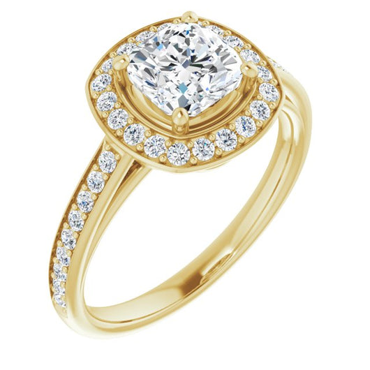 10K Yellow Gold Customizable Cathedral-raised Cushion Cut Halo-and-Accented Band Design