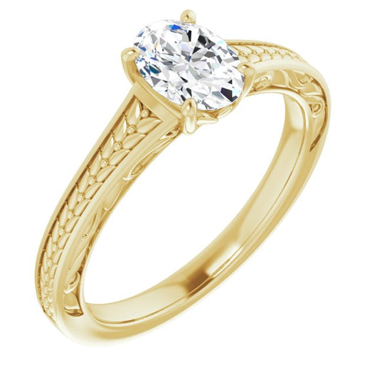 10K Yellow Gold Customizable Oval Cut Solitaire with Organic Textured Band and Decorative Prong Basket