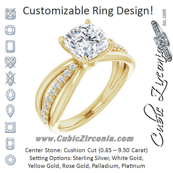 Cubic Zirconia Engagement Ring- The Rissa (Customizable Cushion Cut Design with Tri-Split Accented Band)