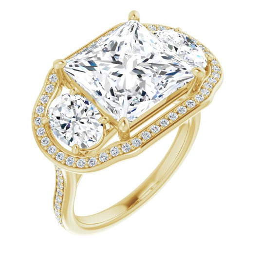 10K Yellow Gold Customizable Princess/Square Cut Style with Oval Cut Accents, 3-stone Halo & Thin Shared Prong Band