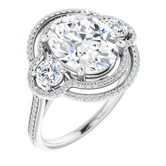 10K White Gold Customizable Enhanced 3-stone Double-Halo Style with Oval Cut Center and Thin Band