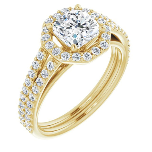 10K Yellow Gold Customizable Cathedral Cushion Cut Design with Geometric Halo & Split Pavé Band