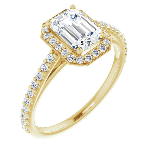 10K Yellow Gold Customizable Emerald/Radiant Cut Design with Halo and Thin Pavé Band