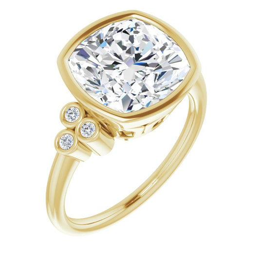 10K Yellow Gold Customizable 7-stone Cushion Cut Style with Triple Round-Bezel Accent Cluster Each Side