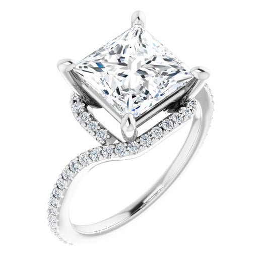 10K White Gold Customizable Artisan Princess/Square Cut Design with Thin, Accented Bypass Band