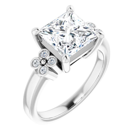 10K White Gold Customizable 9-stone Design with Princess/Square Cut Center and Complementary Quad Bezel-Accent Sets