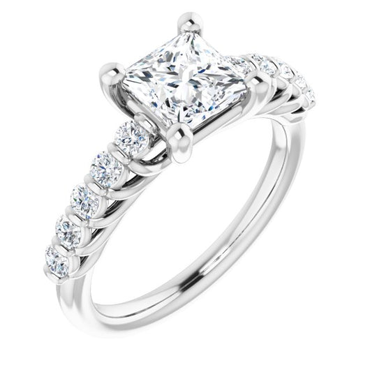 10K White Gold Customizable Princess/Square Cut Style with Round Bar-set Accents