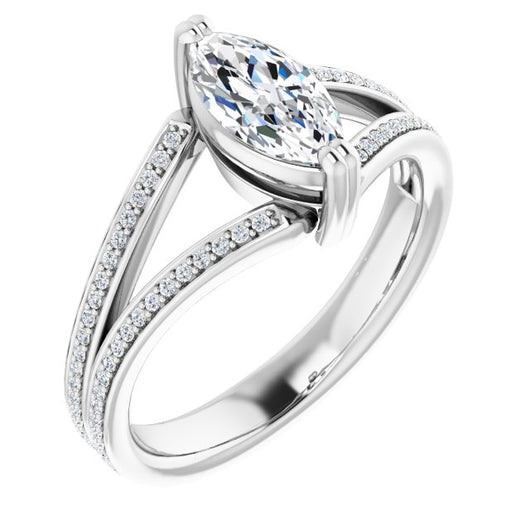 10K White Gold Customizable Marquise Cut Center with 100-stone* "Waterfall" Pavé Split Band