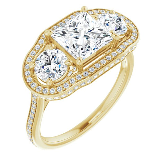 10K Yellow Gold Customizable 3-stone Princess/Square Cut Design with Multi-Halo Enhancement and 150+-stone Pavé Band