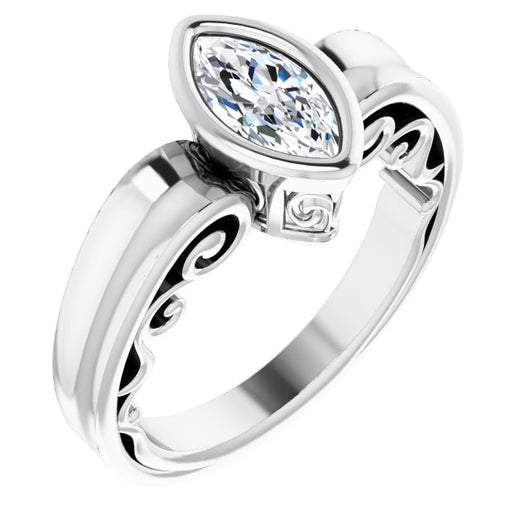 10K White Gold Customizable Bezel-set Marquise Cut Solitaire with Wide 3-sided Band