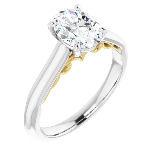 14K White & Yellow Gold Customizable Oval Cut Cathedral Solitaire with Two-Tone Option Decorative Trellis 'Down Under'