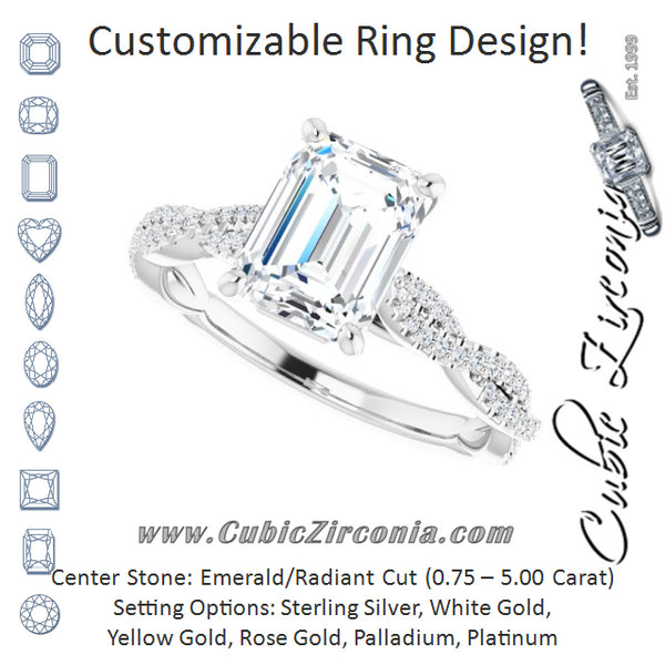 Cubic Zirconia Engagement Ring- The Alelli (Customizable Emerald Cut Style with Thin and Twisted Micropavé Band)