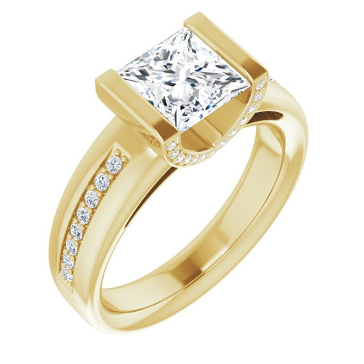 10K Yellow Gold Customizable Cathedral-Bar Princess/Square Cut Design featuring Shared Prong Band and Prong Accents