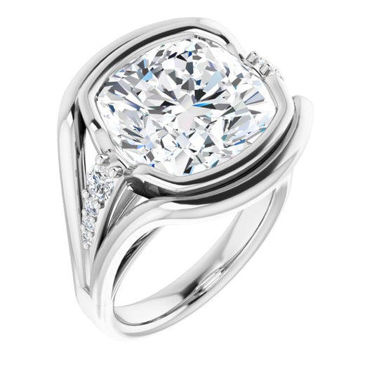 10K White Gold Customizable 9-stone Cushion Cut Design with Bezel Center, Wide Band and Round Prong Side Stones