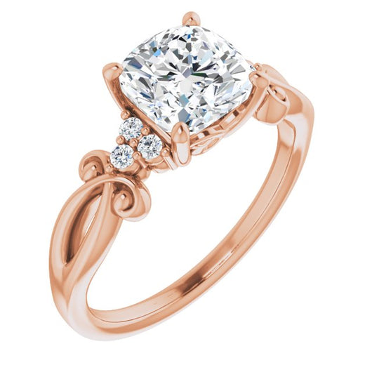 10K Rose Gold Customizable 7-stone Cushion Cut Design with Tri-Cluster Accents and Teardrop Fleur-de-lis Motif