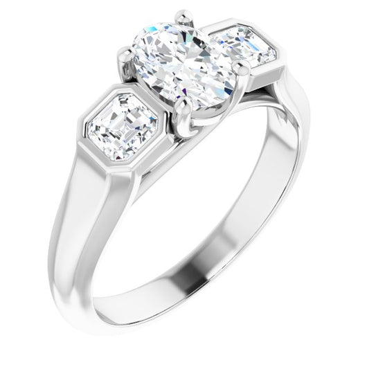 10K White Gold Customizable 3-stone Cathedral Oval Cut Design with Twin Asscher Cut Side Stones