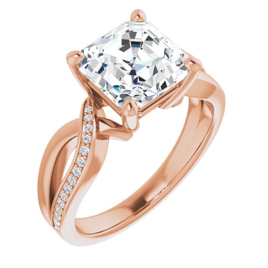 10K Rose Gold Customizable Asscher Cut Center with Curving Split-Band featuring One Shared Prong Leg