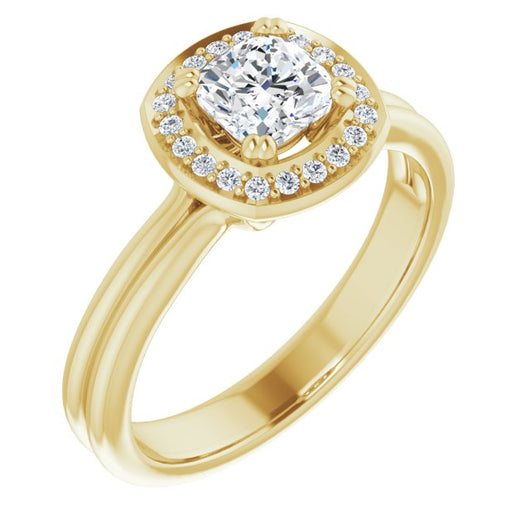 10K Yellow Gold Customizable Cushion Cut Style with Scooped Halo and Grooved Band