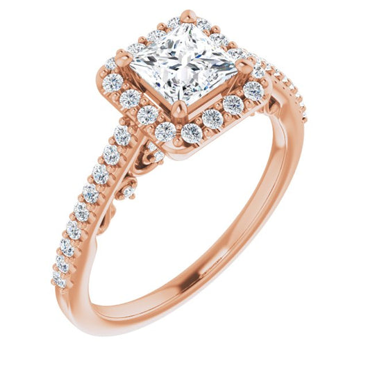 10K Rose Gold Customizable Cathedral-Halo Princess/Square Cut Design with Carved Metal Accent plus Pavé Band