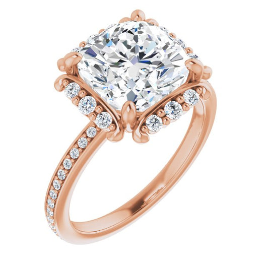 10K Rose Gold Customizable Cushion Cut Style with Halo and Thin Shared Prong Band