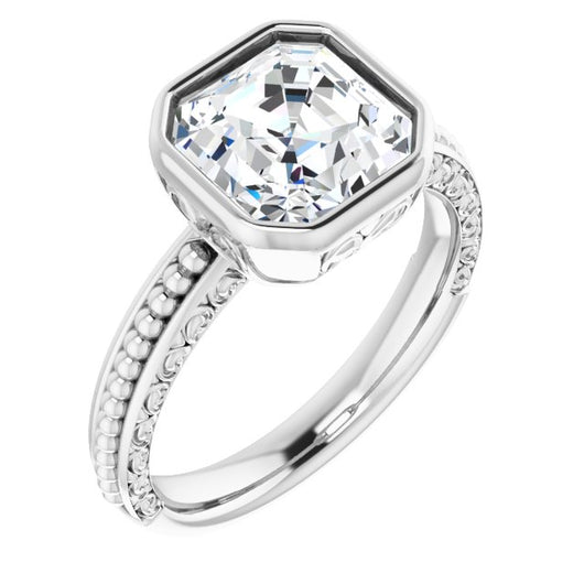 10K White Gold Customizable Bezel-set Asscher Cut Solitaire with Beaded and Carved Three-sided Band