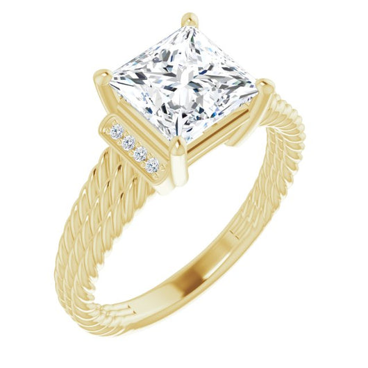 10K Yellow Gold Customizable 11-stone Design featuring Princess/Square Cut Center, Vertical Round-Channel Accents & Wide Triple-Rope Band