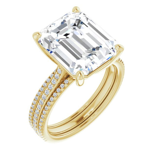 10K Yellow Gold Customizable Emerald/Radiant Cut Center with Wide Pavé Accented Band