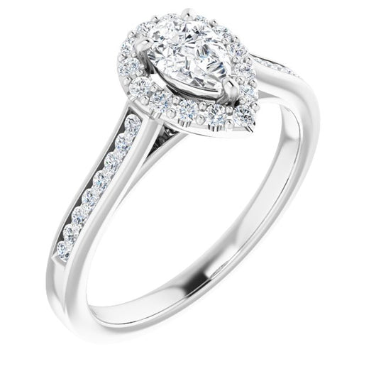 10K White Gold Customizable Pear Cut Design with Halo, Round Channel Band and Floating Peekaboo Accents