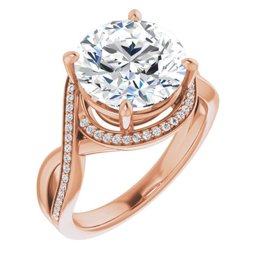 10K Rose Gold Customizable Bypass-Halo-Accented Round Cut Center with Twisting Split Shared Prong Band