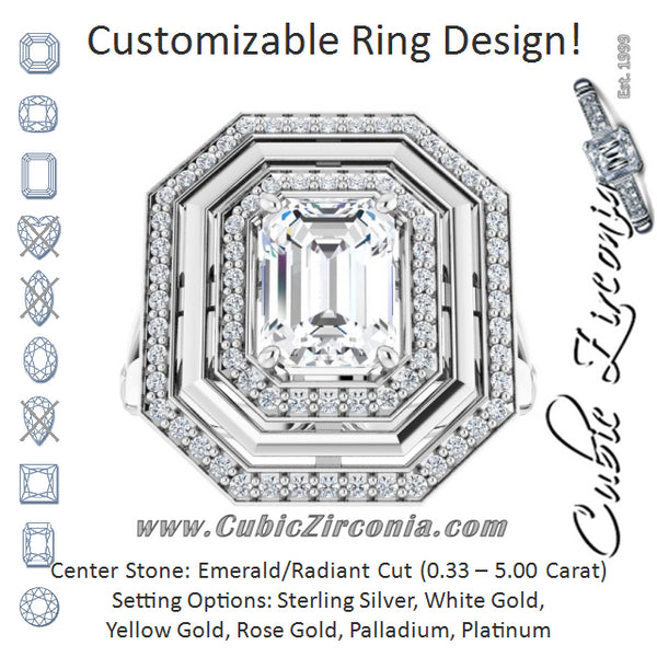 Cubic Zirconia Engagement Ring- The Allie (Customizable Radiant Cut Oversized 2x Halo Style with Knuckle Accented Split Band)