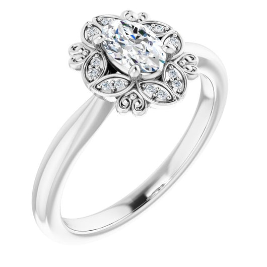 10K White Gold Customizable Oval Cut Design with Floral Segmented Halo & Sculptural Basket