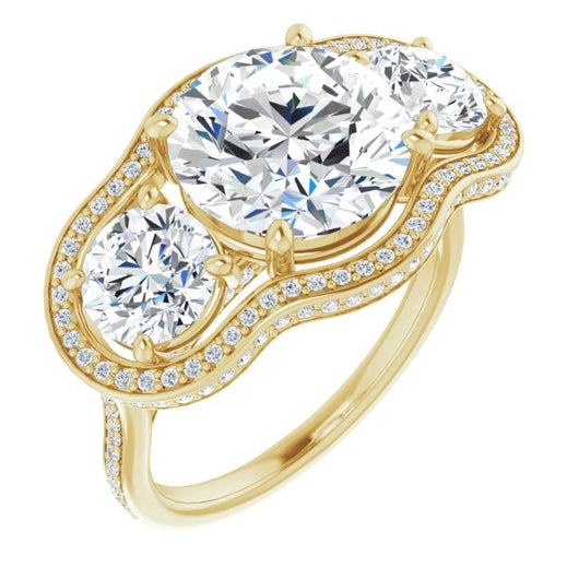 10K Yellow Gold Customizable 3-stone Round Cut Design with Multi-Halo Enhancement and 150+-stone Pavé Band