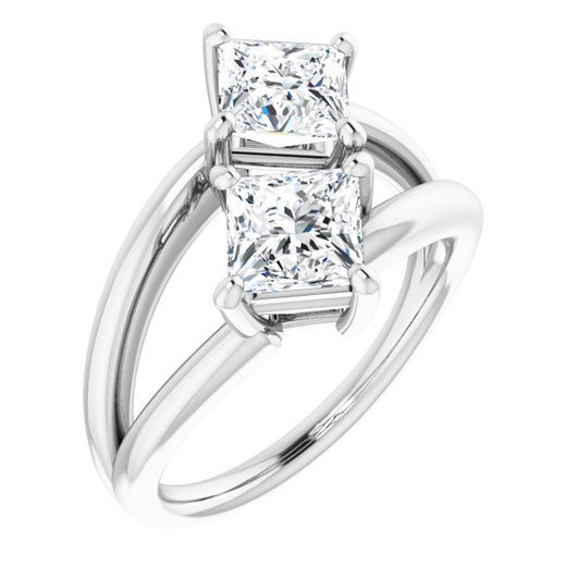 10K White Gold Customizable Two Stone Double Princess/Square Cut Design with Split Bypass Band