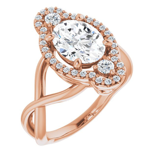 10K Rose Gold Customizable Vertical 3-stone Oval Cut Design Enhanced with Multi-Halo Accents and Twisted Band