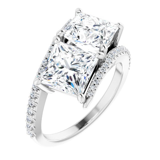 10K White Gold Customizable Double Princess/Square Cut 2-stone Design with Ultra-thin Bypass Band and Pavé Enhancement