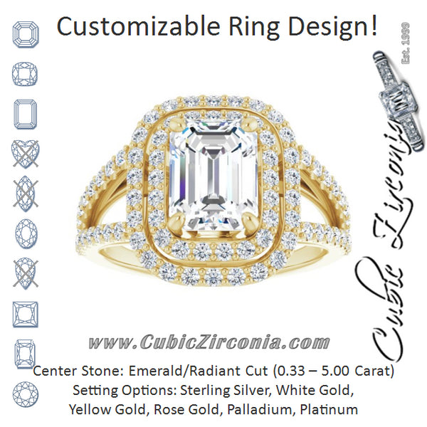 Cubic Zirconia Engagement Ring- The Carly Anne (Customizable Emerald Cut Design with Double Halo and Wide Split-Pavé Band)