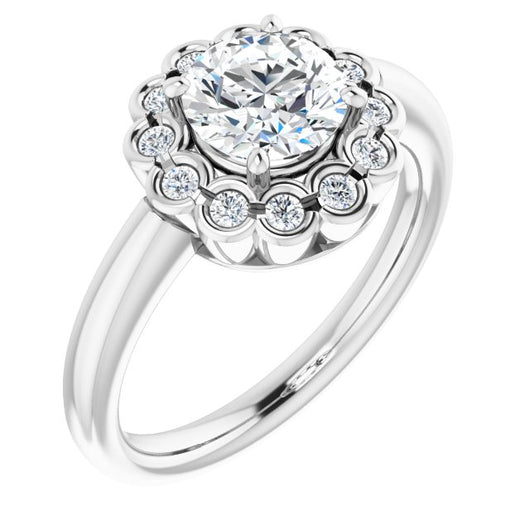 10K White Gold Customizable 13-stone Round Cut Design with Floral-Halo Round Bezel Accents