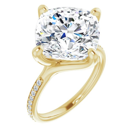 10K Yellow Gold Customizable Cushion Cut Design featuring Thin Band and Shared-Prong Round Accents