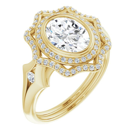 10K Yellow Gold Customizable Cathedral-bezel Oval Cut Design with Floral Double Halo and Channel-Accented Split Band