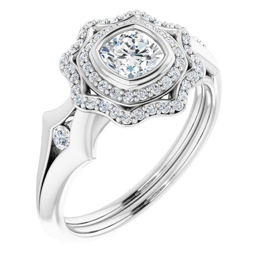 10K White Gold Customizable Cathedral-bezel Cushion Cut Design with Floral Double Halo and Channel-Accented Split Band