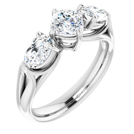 10K White Gold Customizable Cathedral-set 3-stone Cushion Cut Style with Dual Oval Cut Accents & Wide Split Band