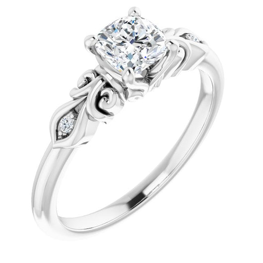 10K White Gold Customizable 3-stone Cushion Cut Design with Small Round Accents and Filigree