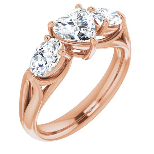 10K Rose Gold Customizable Cathedral-set 3-stone Heart Cut Style with Dual Oval Cut Accents & Wide Split Band