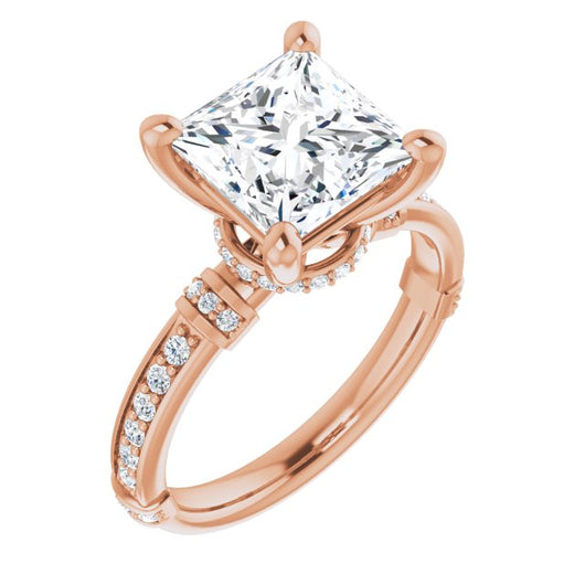 10K Rose Gold Customizable Princess/Square Cut Style featuring Under-Halo, Shared Prong and Quad Horizontal Band Accents