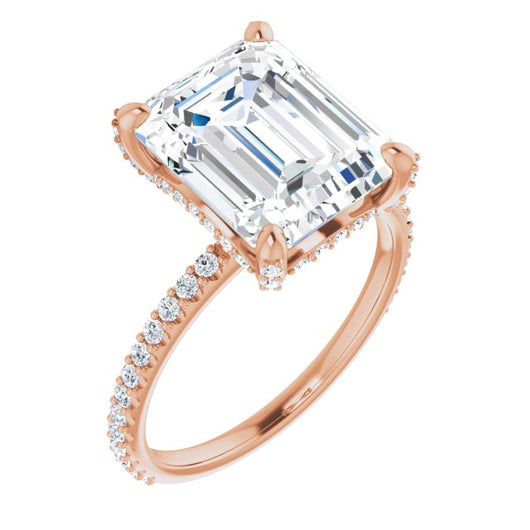 10K Rose Gold Customizable Emerald/Radiant Cut Design with Round-Accented Band, Micropav? Under-Halo and Decorative Prong Accents)